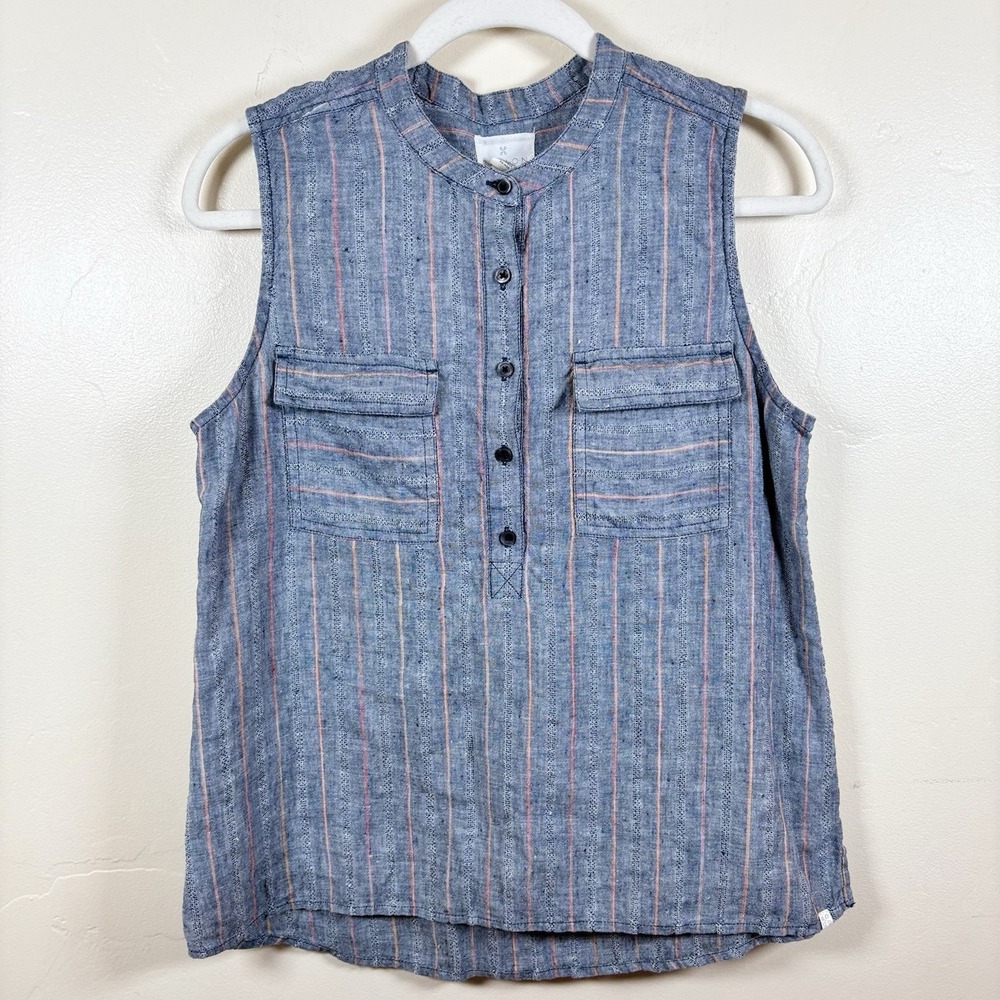 Caslon 100% Linen Top‎ Sz S Petite Blue Chambray Striped Popover Classic Coastal